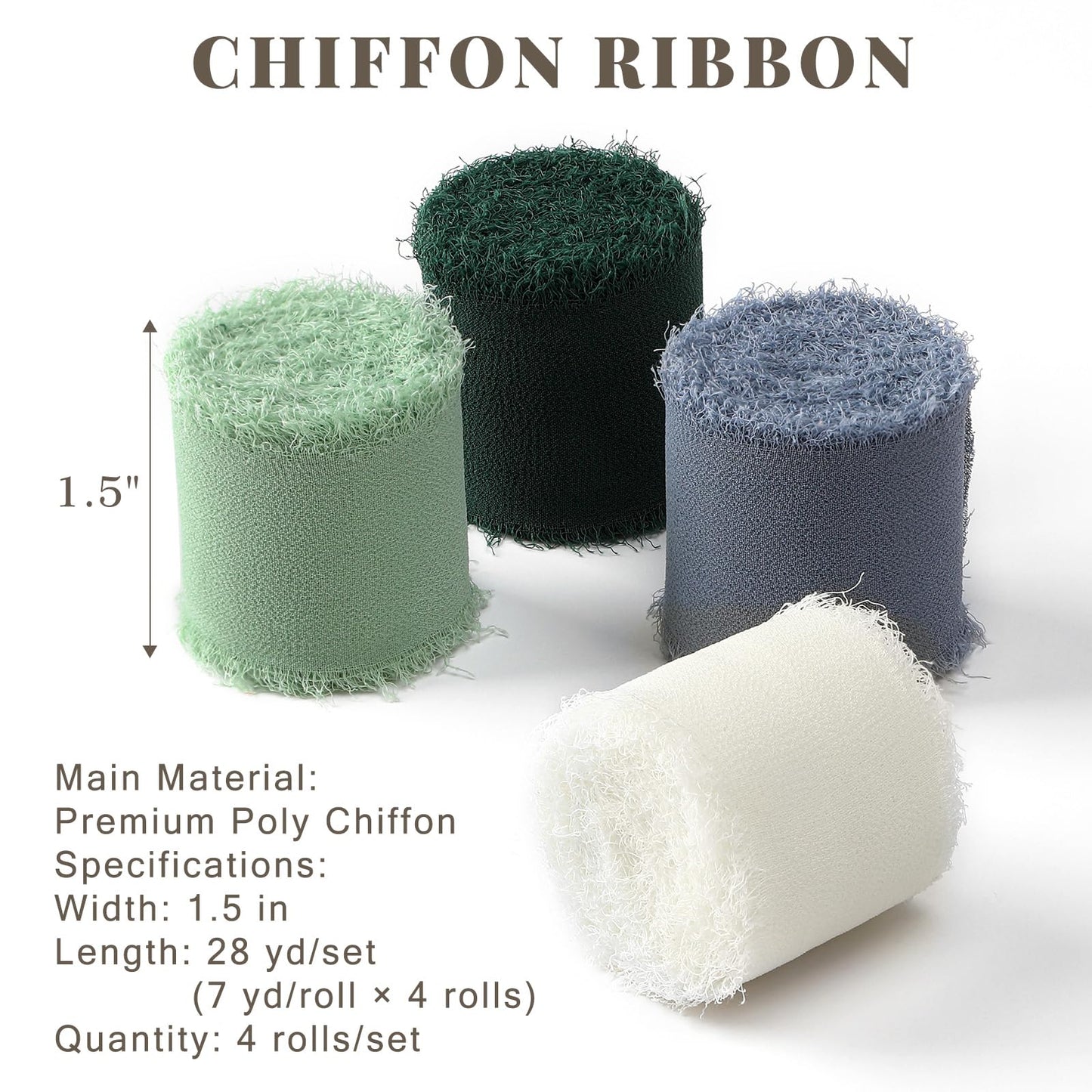 YANGTE Handmade Chiffon Silk Ribbon 1.5in x 28yd 4 Rolls Ivory Green Blue