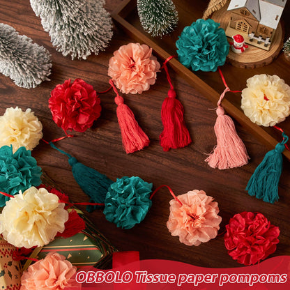 OBBOLO Tissue Paper Pompom Garland with Cotton Tassels 2 Pcs Red Green Pink