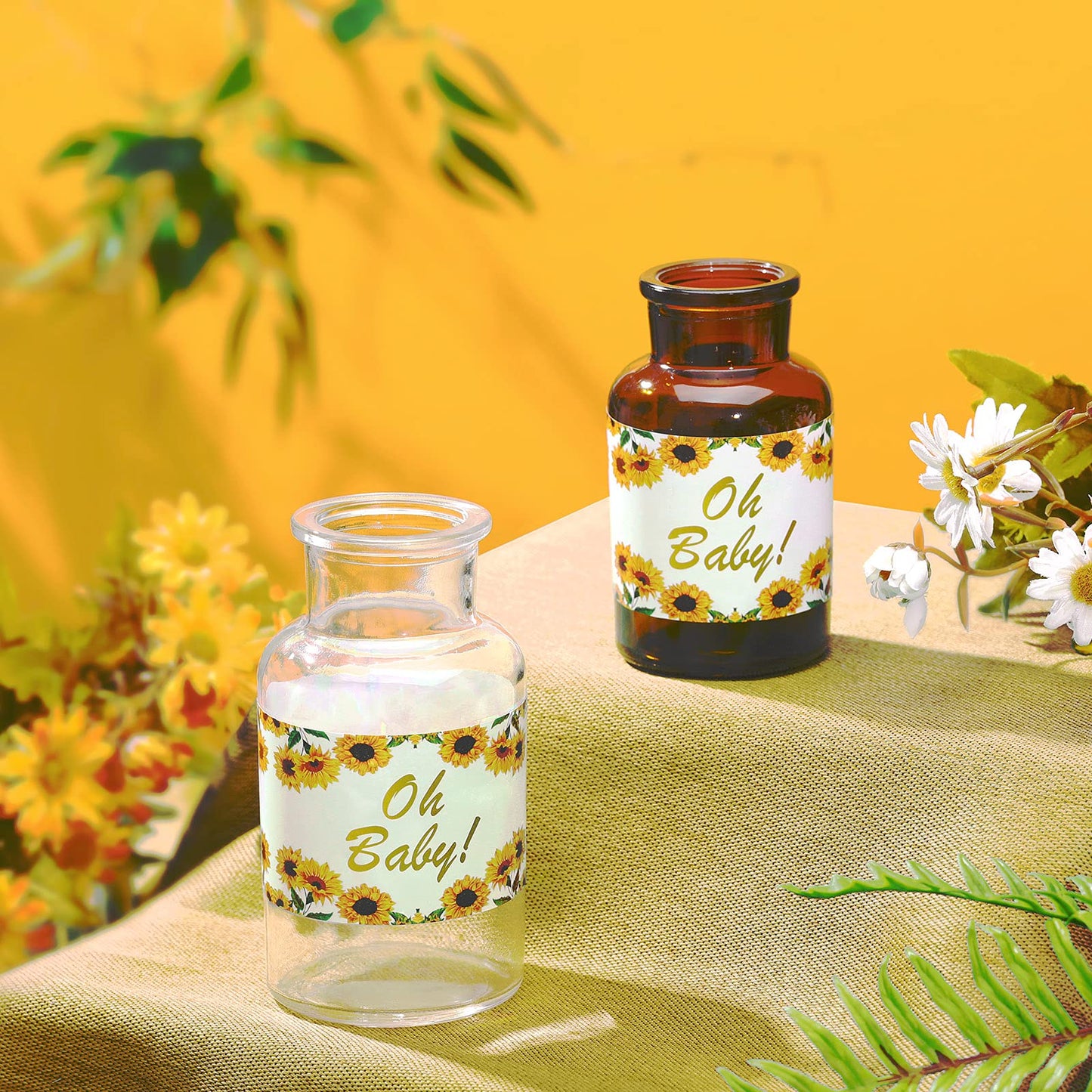 Outus 40pcs Sunflower Baby Shower Water Bottle Labels Floral Waterproof