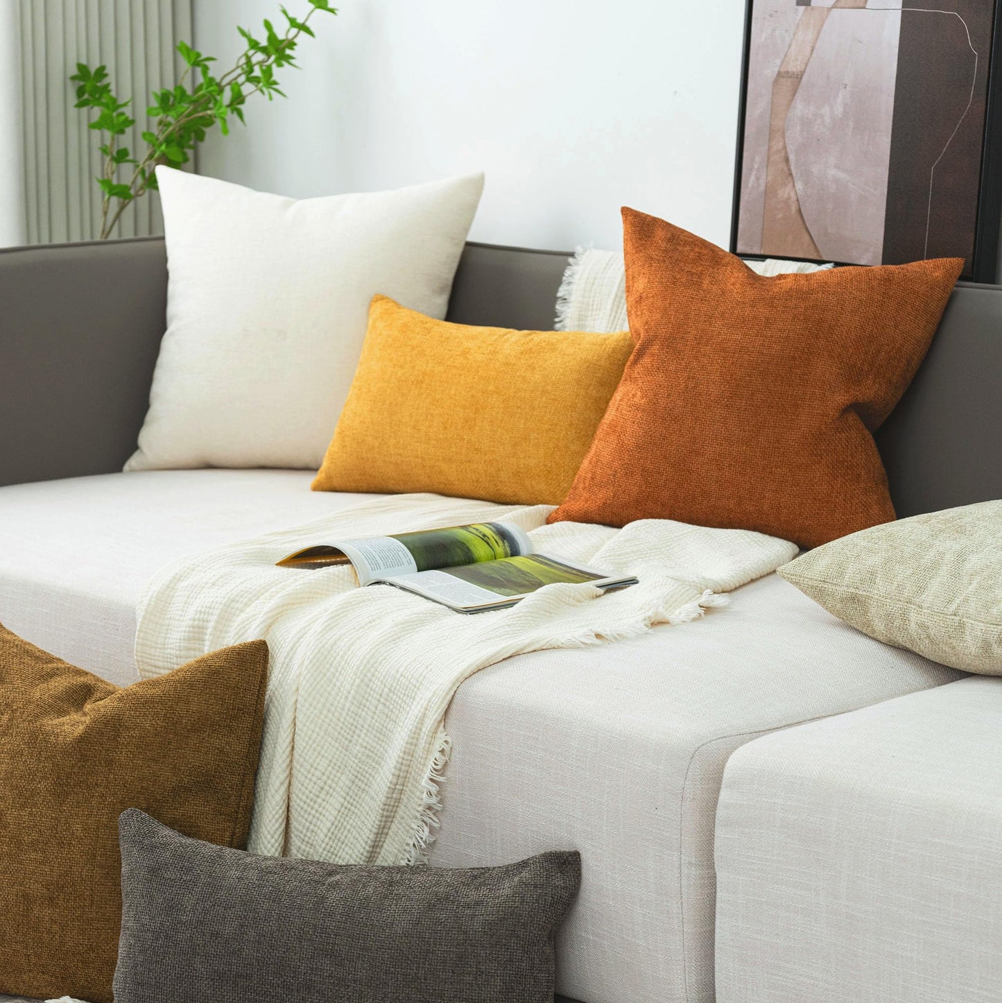 Cozoomy Chenille Linen Throw Pillow Covers 12x20 Inch Rustic Bronze Set of 2