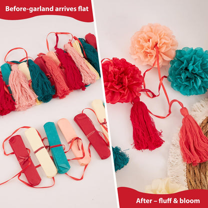 OBBOLO Tissue Paper Pompom Garland with Cotton Tassels 2 Pcs Red Green Pink