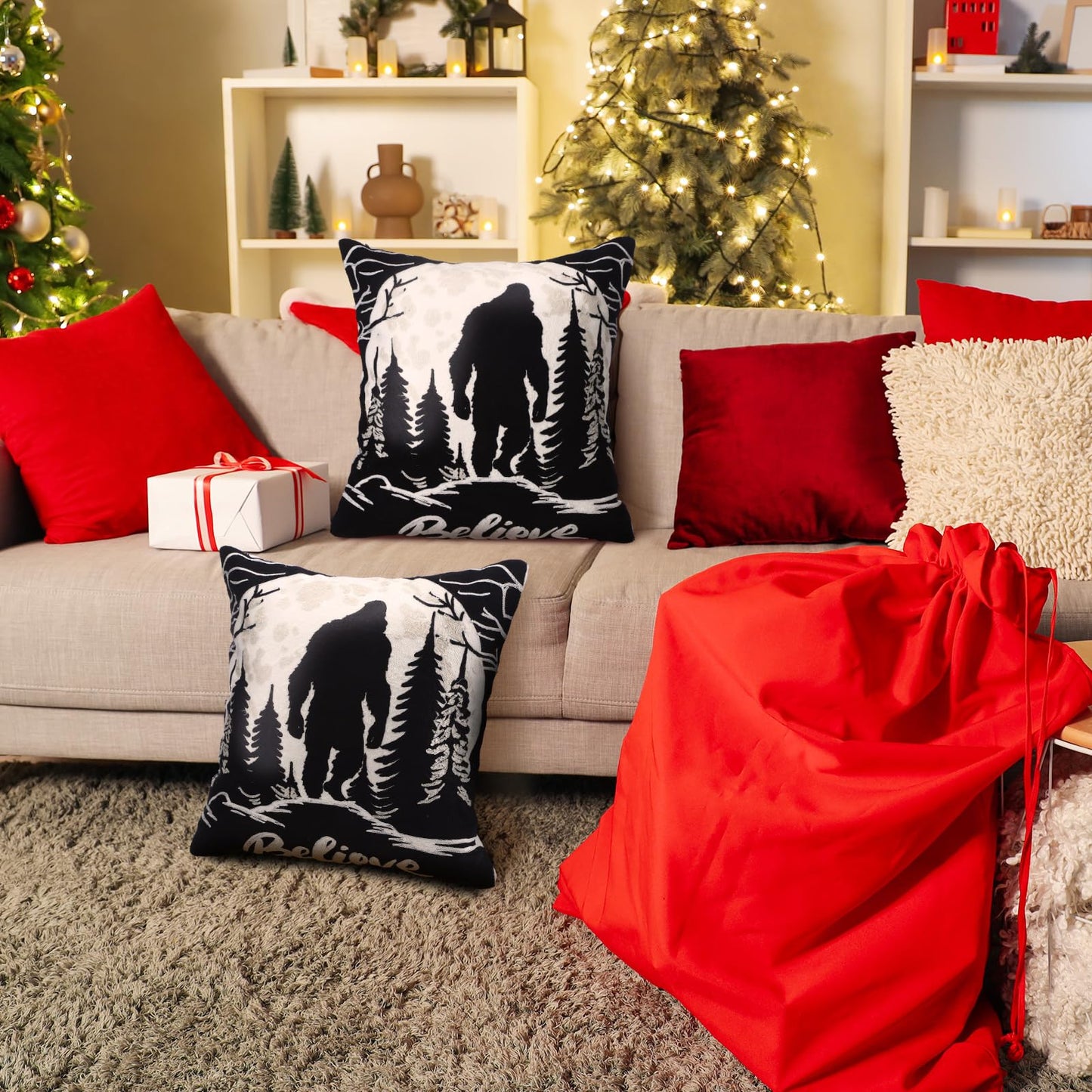 Burbell Bigfoot Christmas Pillow Covers Set of 2 Black 18x18