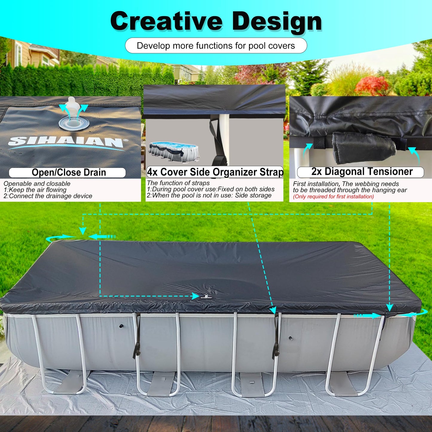 SIHAIAN 16x28Ft Oval Pool Cover UV Weather Resistant Side Storage