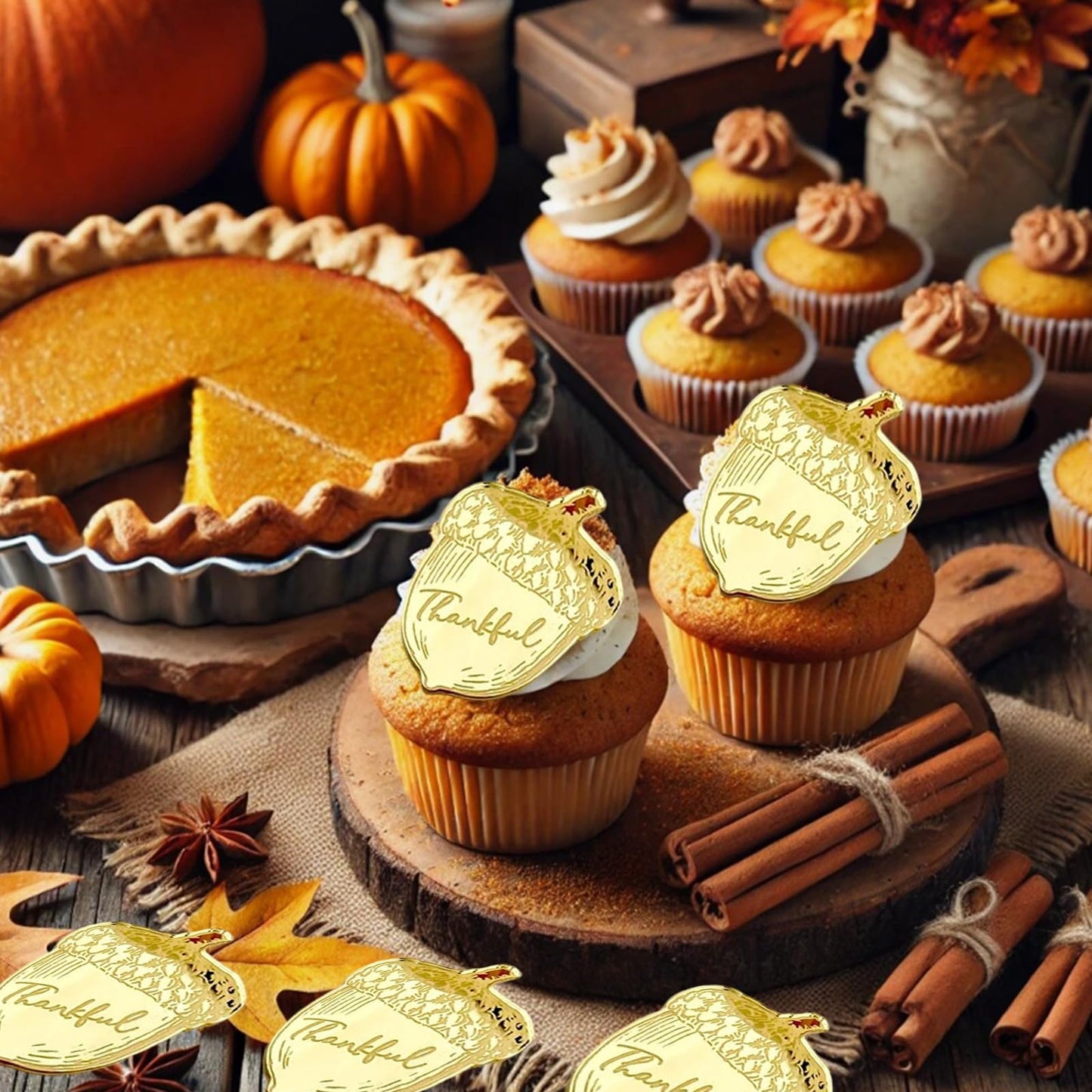 mdgfge 20Pcs Thanksgiving Gold Chestnut Acrylic Cupcake Toppers Decor