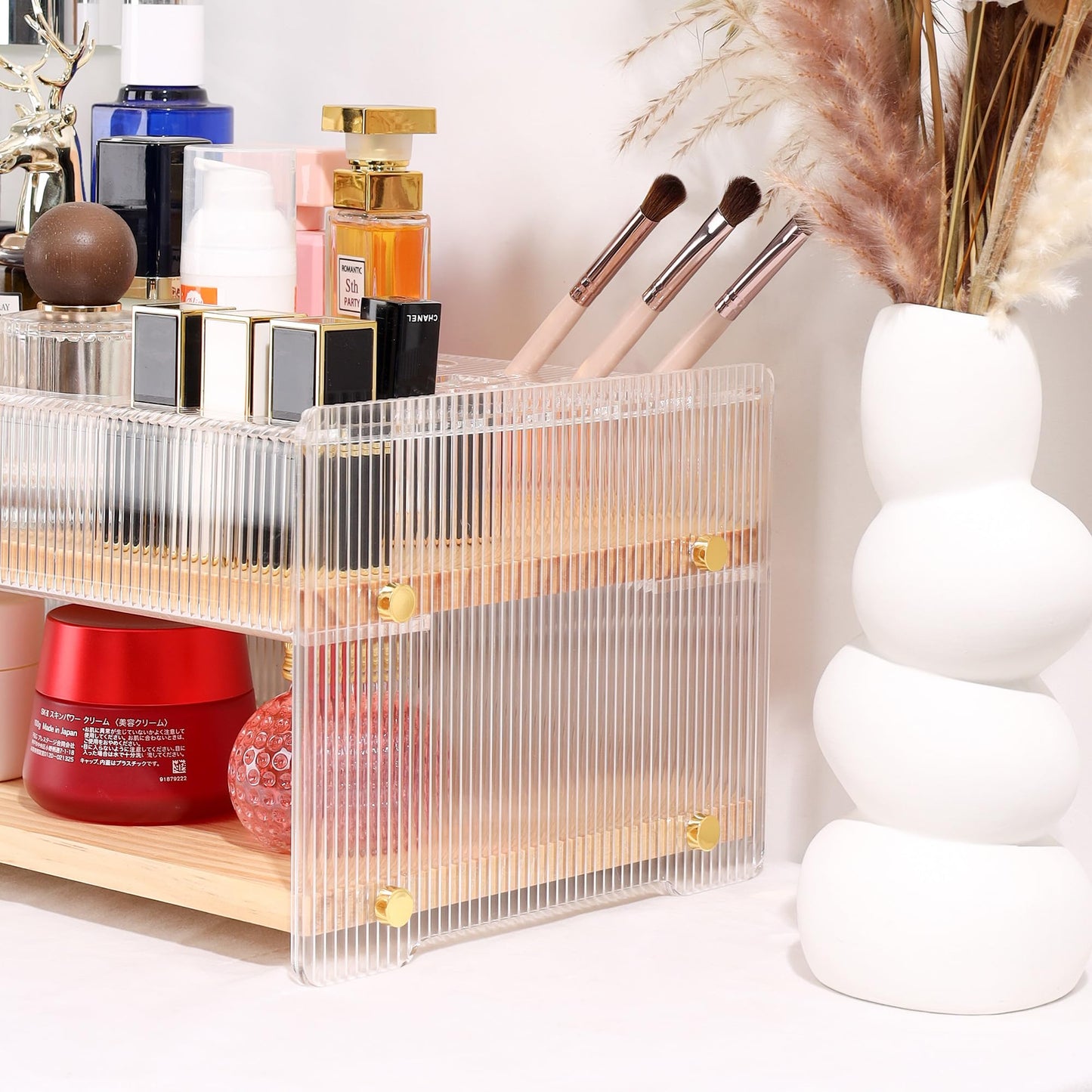 KAOTGOT Pine Wood Acrylic Makeup Organizer with Brush & Lipstick Holder