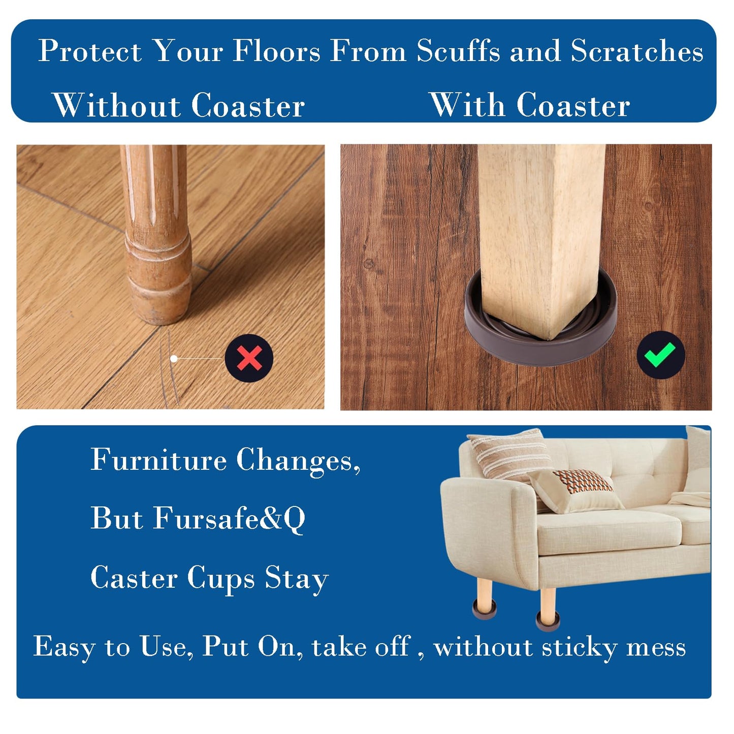 Fursafe&Q Rubber Caster Cups Non Slip Furniture Pads 3" Round 4 Pack Brown