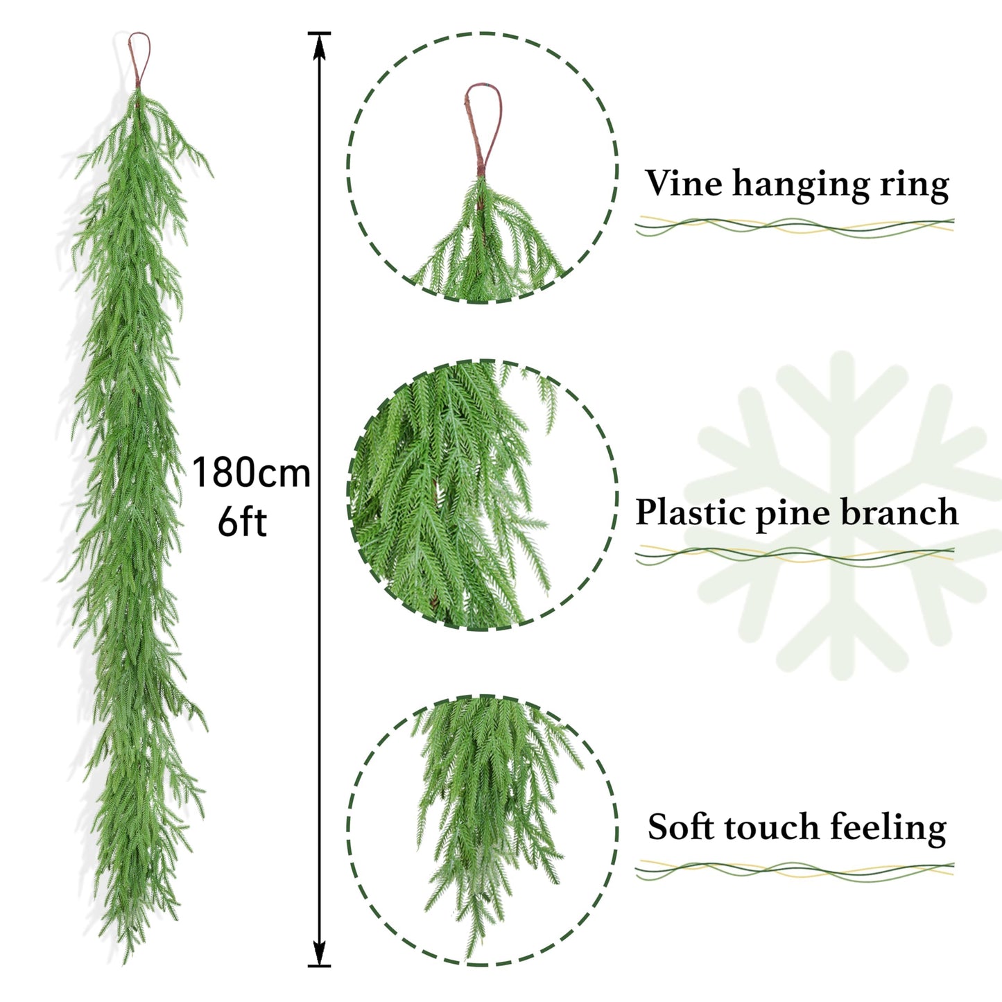 XmasExp Norfolk Pine Garland 6FT Realistic Artificial Christmas Green