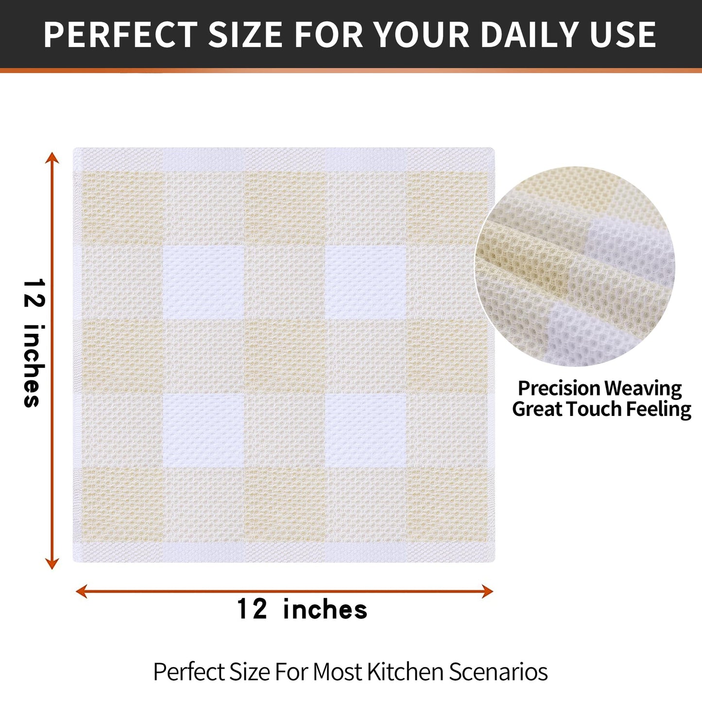 Homaxy Cotton Waffle Weave Check Plaid Dish Cloths 12x12 White Beige 6-Pack