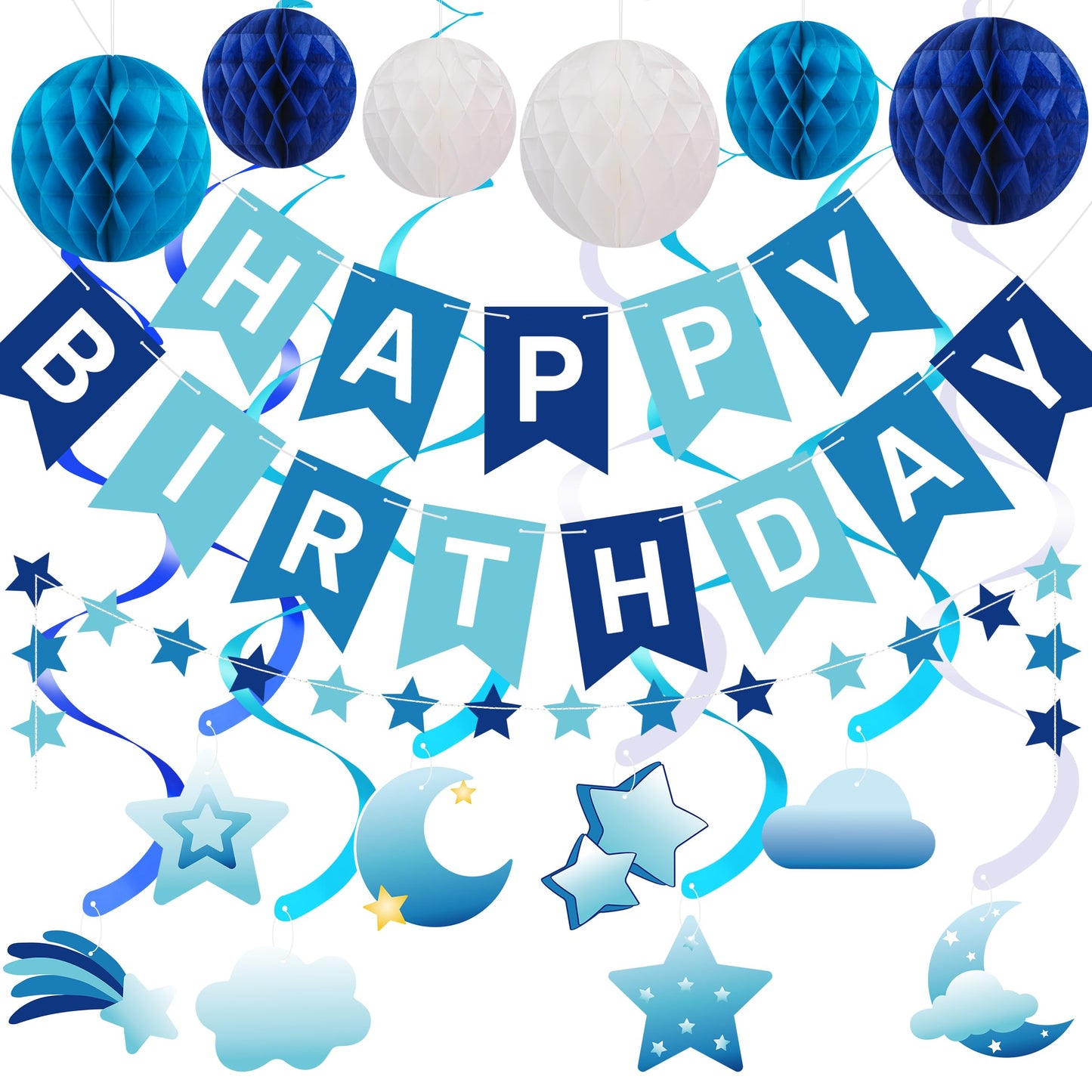 Crosize Blue Birthday Decorations Kit Pre-Strung Banner Tissue Poms Star Garland