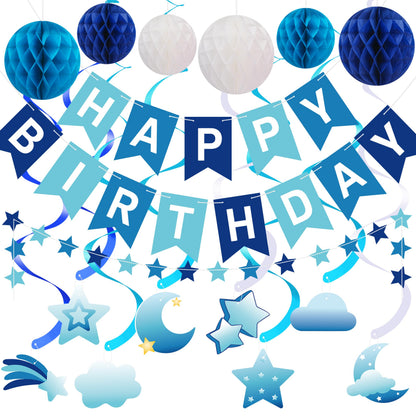 Crosize Blue Birthday Decorations Kit Pre-Strung Banner Tissue Poms Star Garland