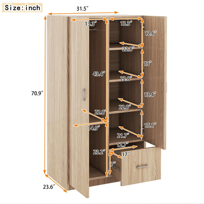 Wooden Wardrobe with Double Doors, Armoire with Hanging Rod, 5 Fixed Shelves, One Storage Drawer,Natural