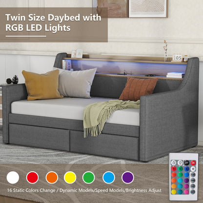 Twin Size Daybed with Storage Drawers, Upholstered Daybed with Charging Station and LED Lights, Gray