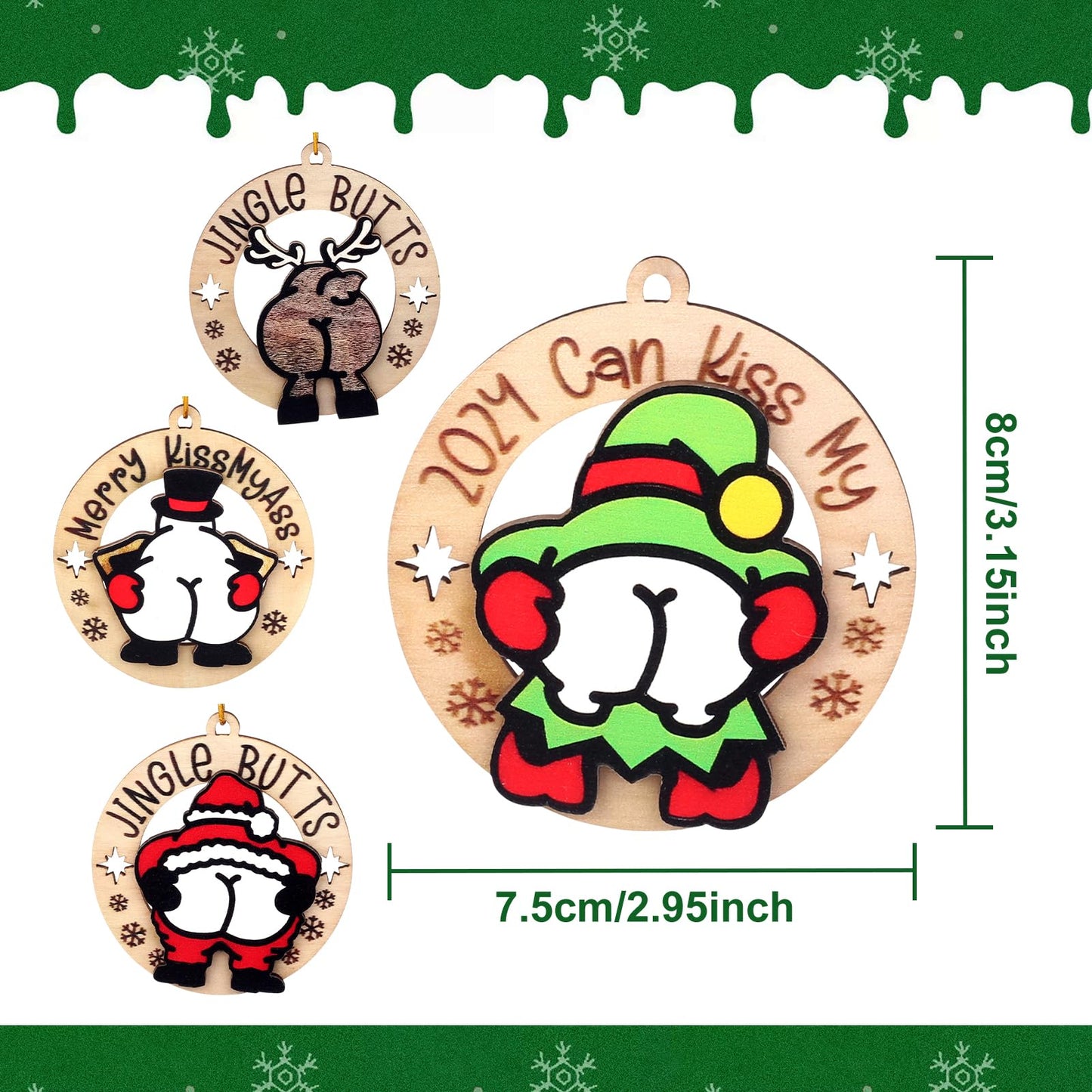 jjBOOM KissMyAss Funny Christmas Wooden Ornaments 2024 Xmas Tree Decor