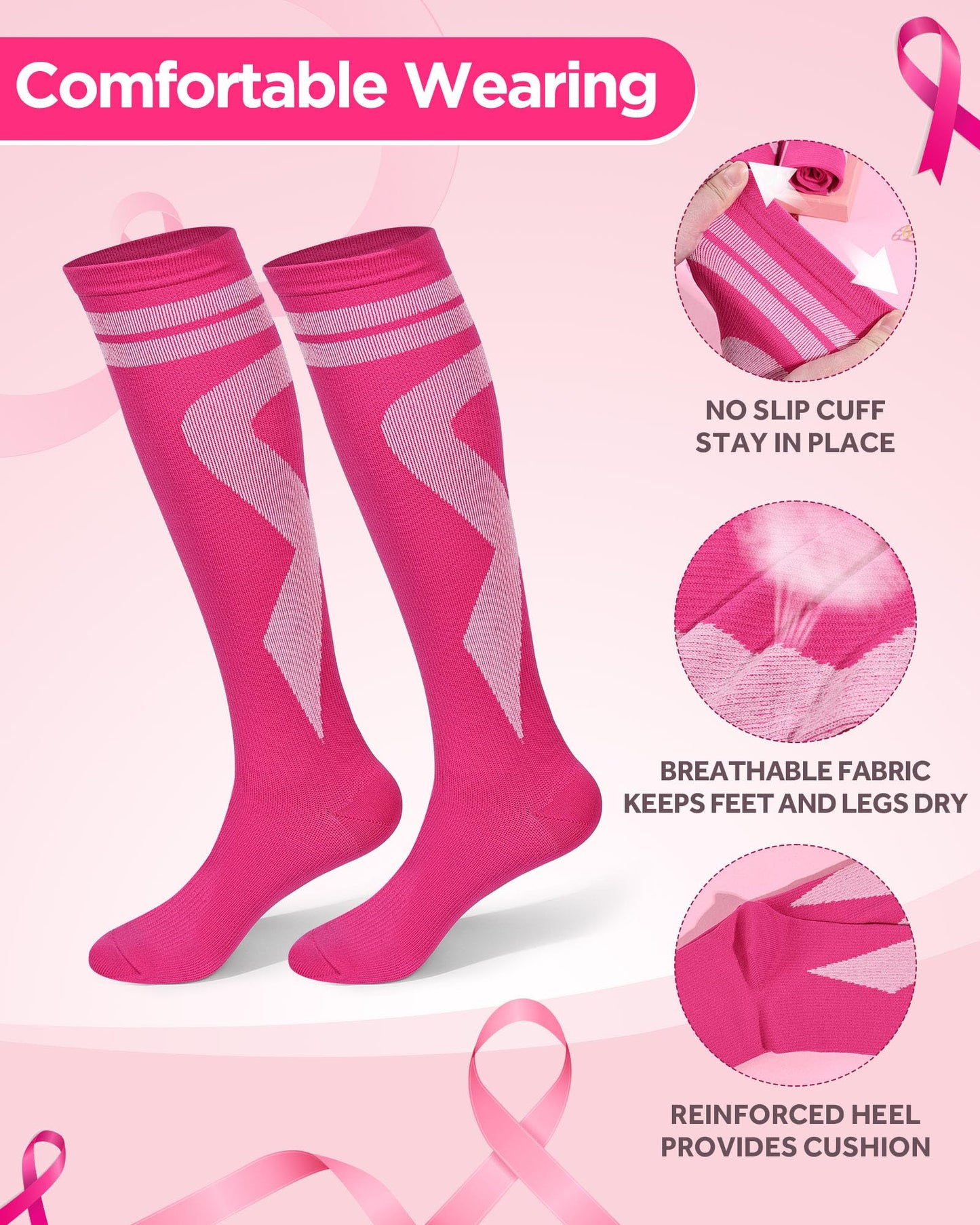 Subesty 2 Pairs Breast Cancer Awareness Compression Socks Pink Ribbon Size S/M