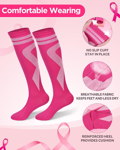 Subesty 2 Pairs Breast Cancer Awareness Compression Socks Pink Ribbon Size S/M