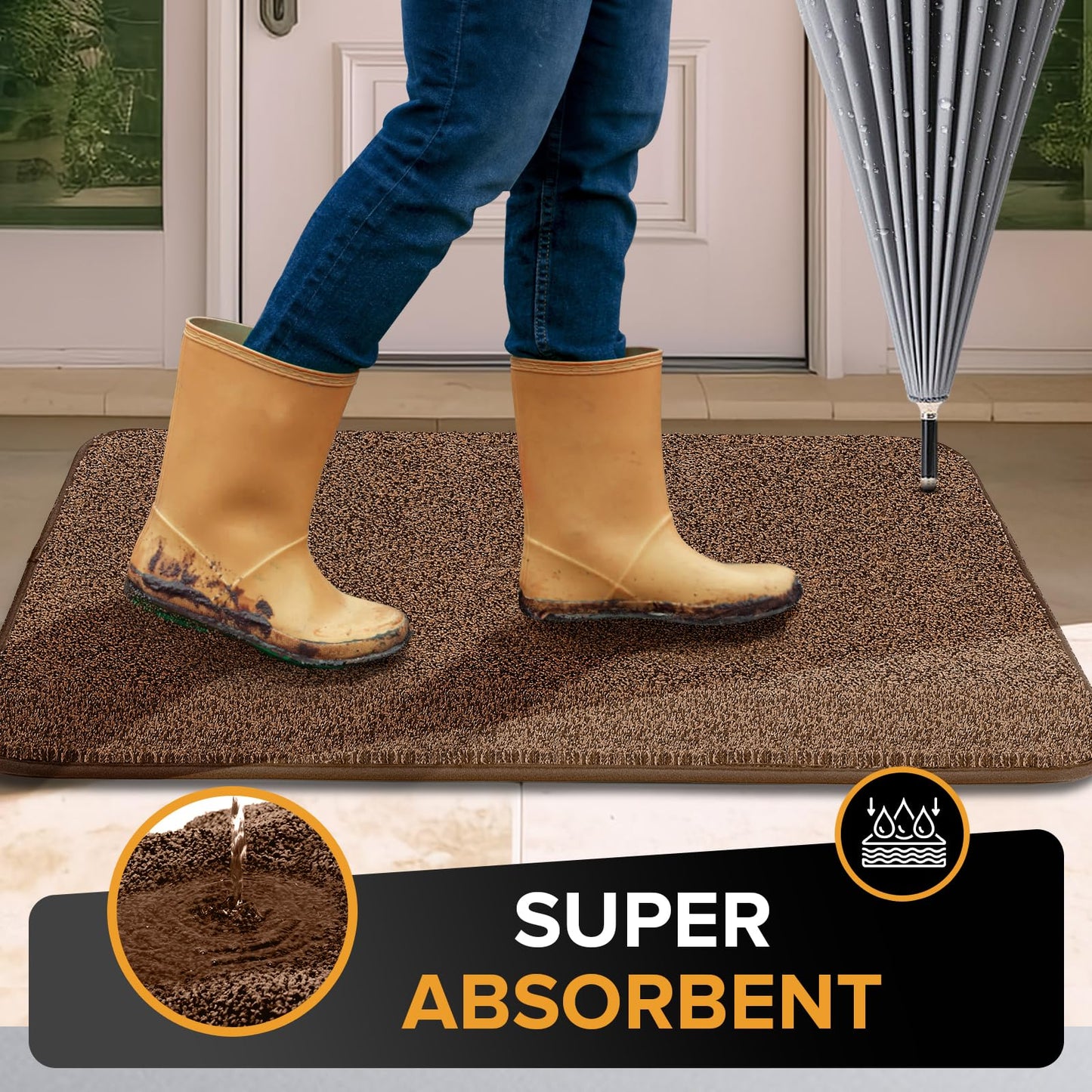 Mibao Front Door Mat Non-Slip Waterproof TPR Backing 31.5x47 Dark Brown