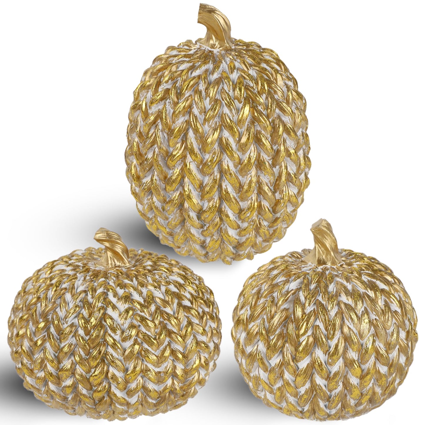 winemana Fall Decorations Set of 3 Gold White Resin Pumpkins Woven Design