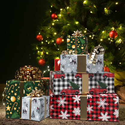 GIOLNIAY Christmas Wrapping Paper Snowflakes Red Black Plaid 28x40 4 Sheets