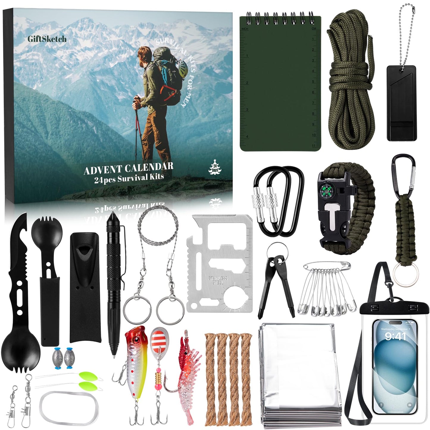 GiftSketch Survival Kit Advent Calendar 2025 24 Days Outdoor Camping Black