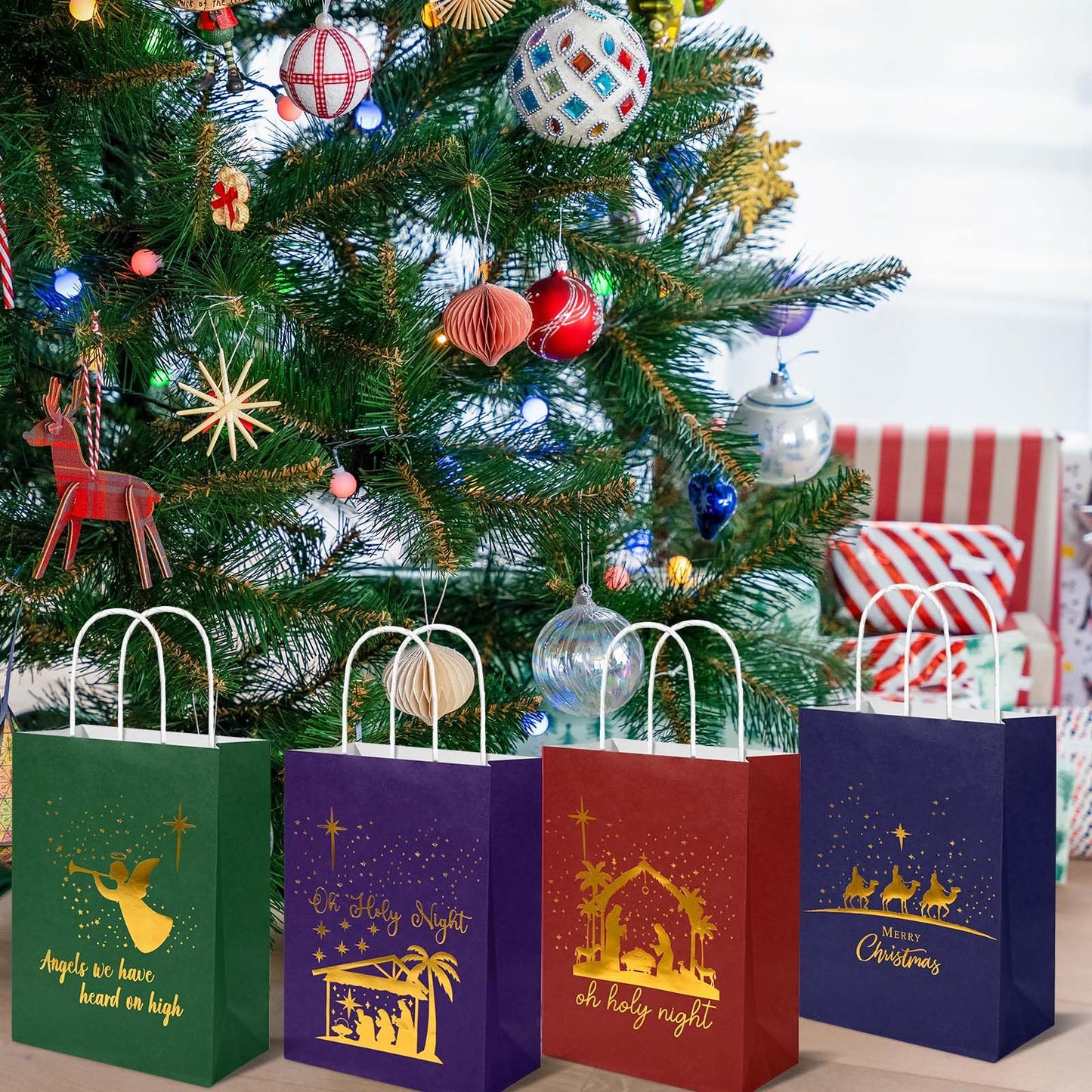 Bolsome 24Pcs Christmas Nativity Gift Bags Red Green Blue Gold Foil