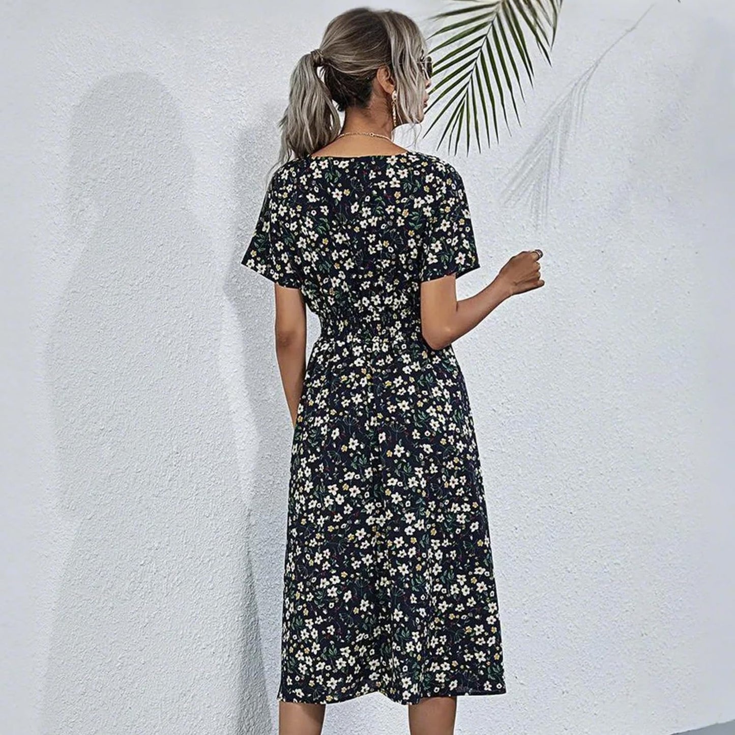 HEBELD Womens Midi Floral V Neck Wrap Dress Elastic Waist Black Size M