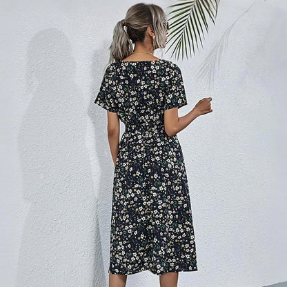 HEBELD Womens Midi Floral V Neck Wrap Dress Elastic Waist Black Size M