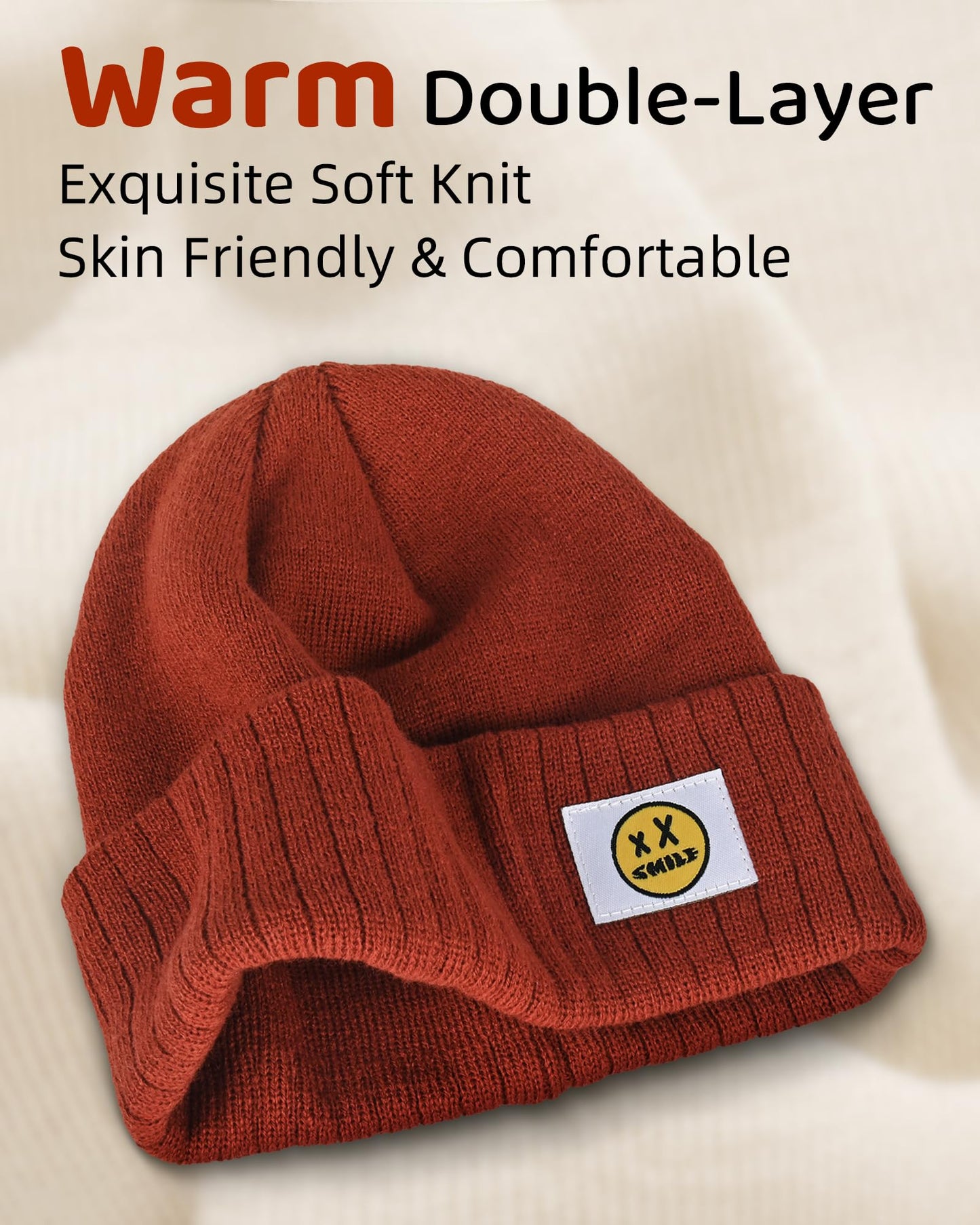 XMMAXFLOW Thick Knitted Winter Beanie Hat Cuffed Skull Cap Dark Orange