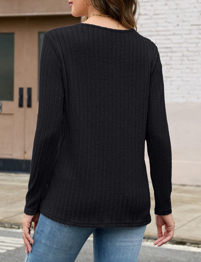 Edelqual Womens Long Sleeve Henley V Neck Sweater Black Size M