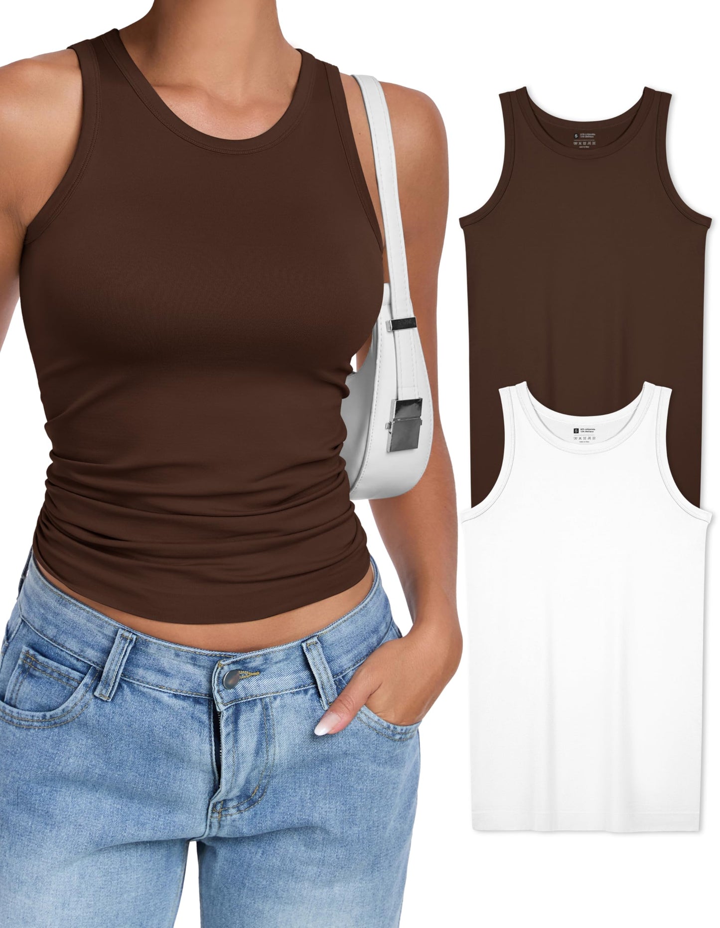 OLCHEE Womens 2PK High Neck Seamless Tank Tops White Brown Size L