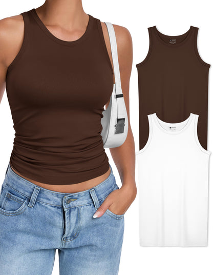 OLCHEE Womens 2PK High Neck Seamless Tank Tops White Brown Size L