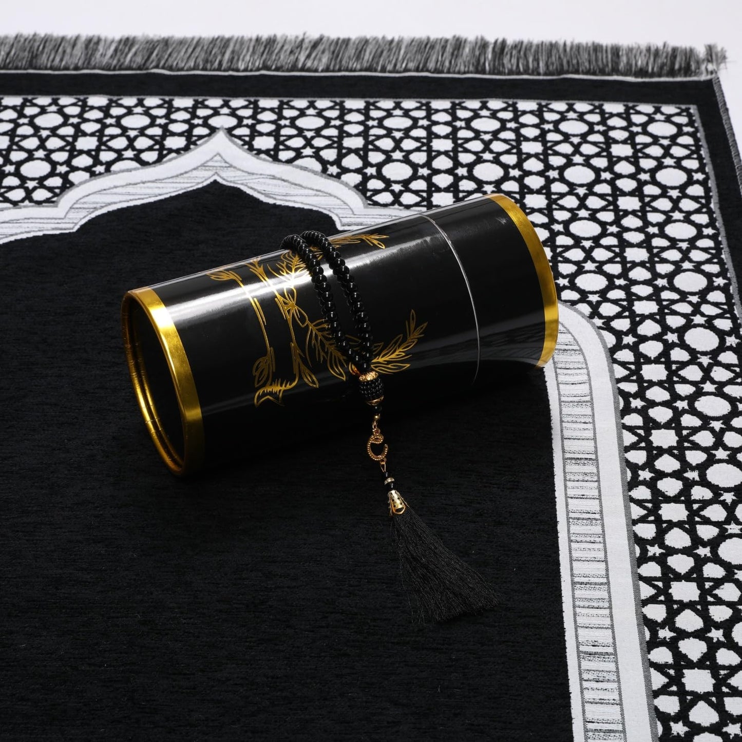Muslim Prayer Rug Set with Beads & Cylinder Chenille Ramadan Mat 27.5x43.3 Inch