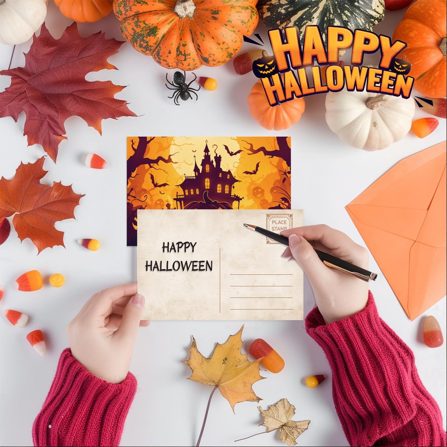 Tlenpo Halloween Postcards 32pcs 4x6in 350gsm Vintage Pumpkin Skeleton