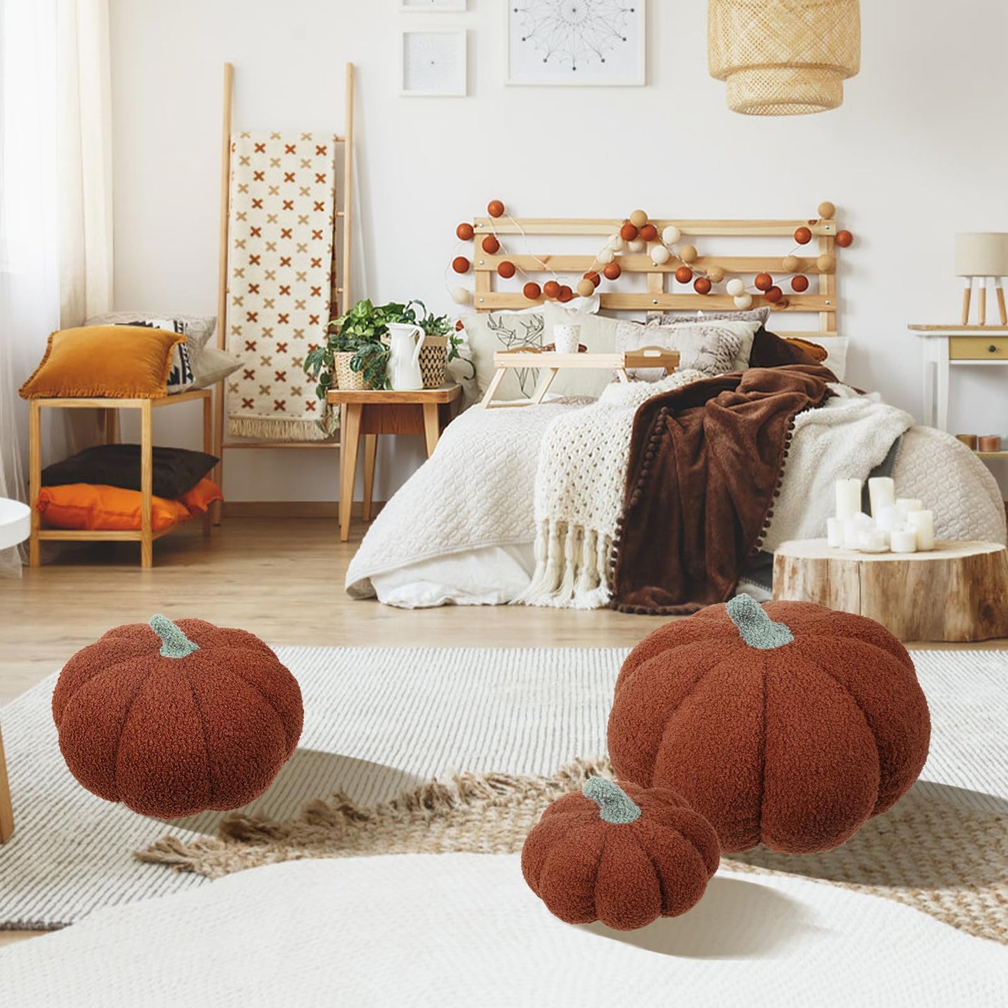 RoseCraft Pumpkin Throw Pillows 3Pc Brown 12/10/8in Fall Thanksgiving