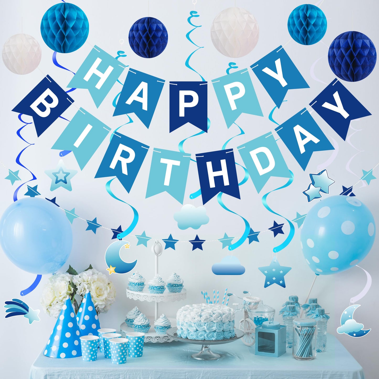 Crosize Blue Birthday Decorations Kit Pre-Strung Banner Tissue Poms Star Garland