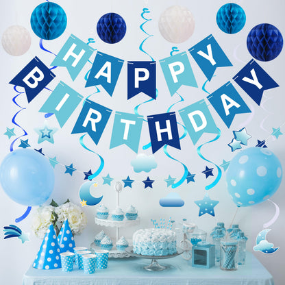 Crosize Blue Birthday Decorations Kit Pre-Strung Banner Tissue Poms Star Garland