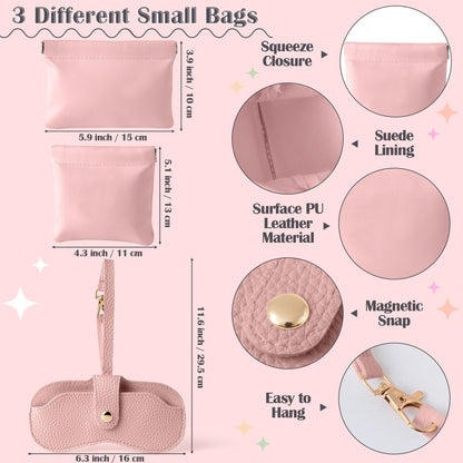 GQIRIL Mini Travel Cosmetic Bag Set 3PCS Waterproof Leather Pink