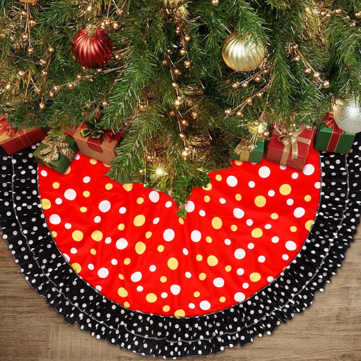 Soulchen Christmas Tree Skirt Double Layer Red Black Yellow Big Wave Point 51"