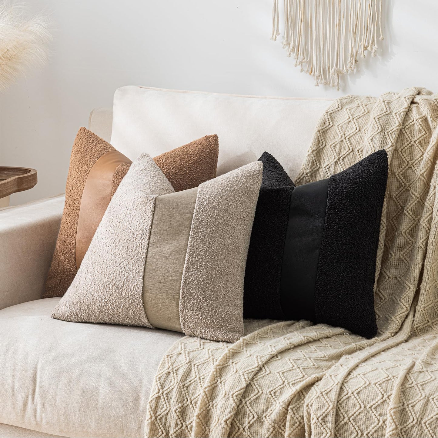 Laolitou 2 Pack Boucle Pillow Covers 18x18 Inch Faux Leather Oatmeal