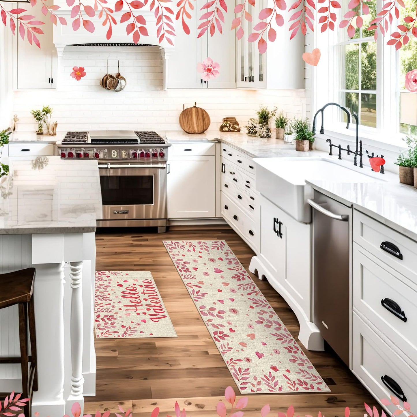 Pickmesh Valentine Kitchen Mats 2 Pc Non-Slip Love Heart Pink 17x29 & 17x47