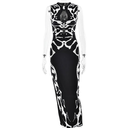 Summer Printed Leopard Pattern Hollow-out Sleeveless Waist-cinched Sexy Dress
