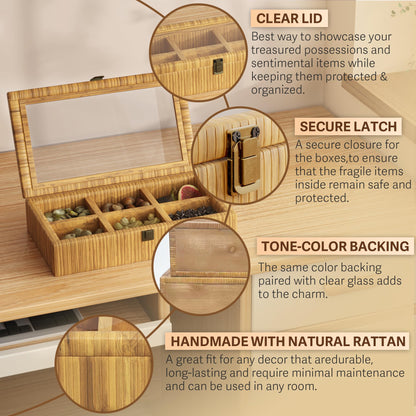 Fllamo Rattan Storage Box with Lid 6 Compartments Brown 11.8x7.8x3in