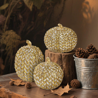 winemana Fall Decorations Set of 3 Gold White Resin Pumpkins Woven Design