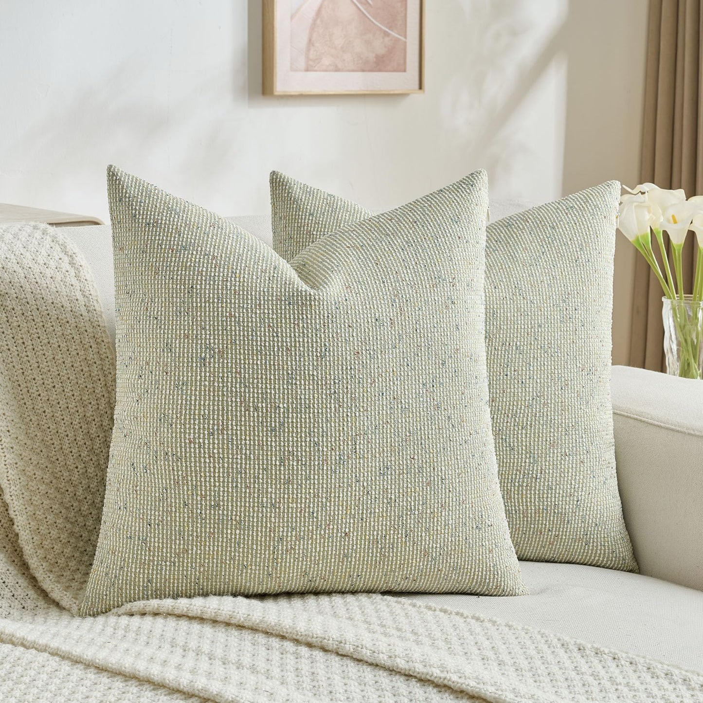 FUTEI Green Chenille Throw Pillow Covers 20x20 Inch Set of 2 Modern Decor