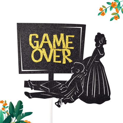 Little Man Game Over Wedding Cake Topper Double-sided Black Glitter 5.5x4.5in