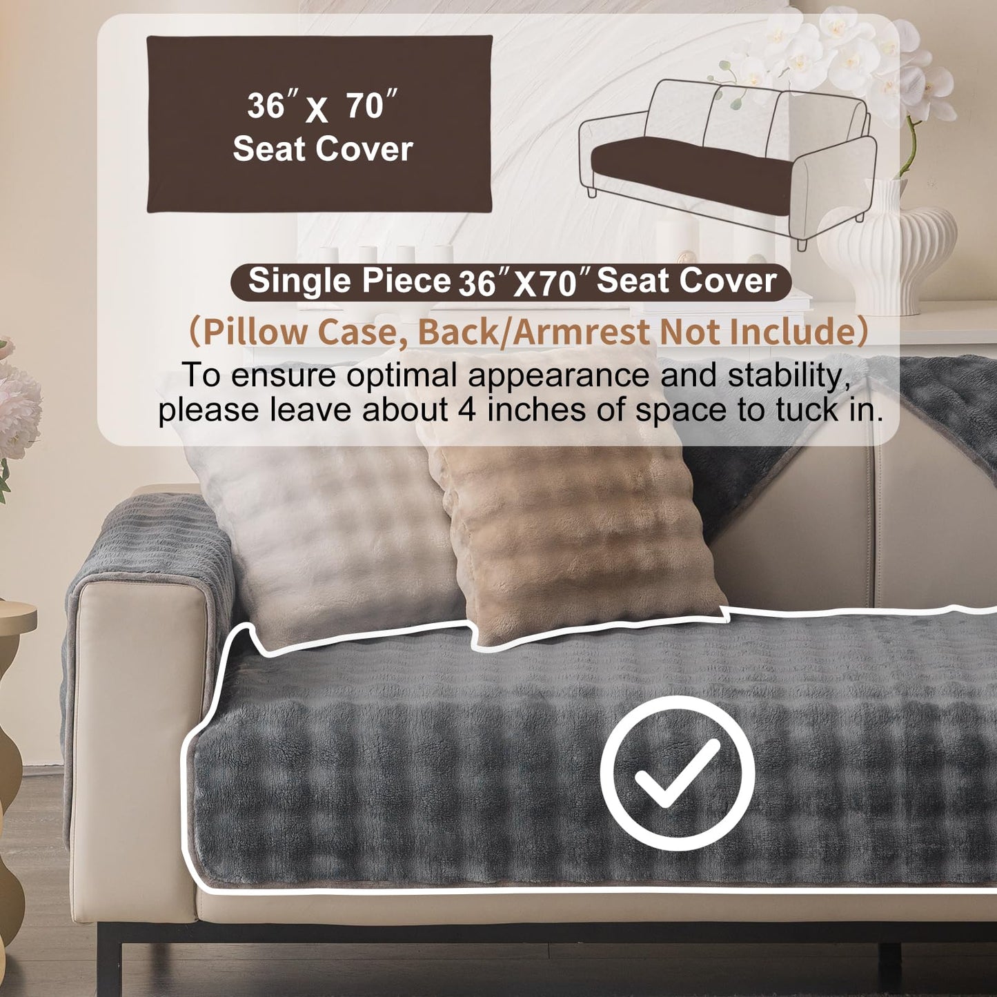Aucrovee Plush Velvet Non Slip Sofa Cover 3 Cushion 36x70 Light Grey