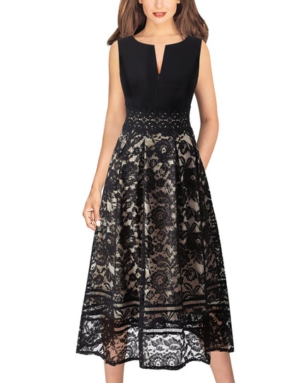 VFSHOW Womens Black Lace Tie Waist Front Zipper Slim A-Line Dress Size L