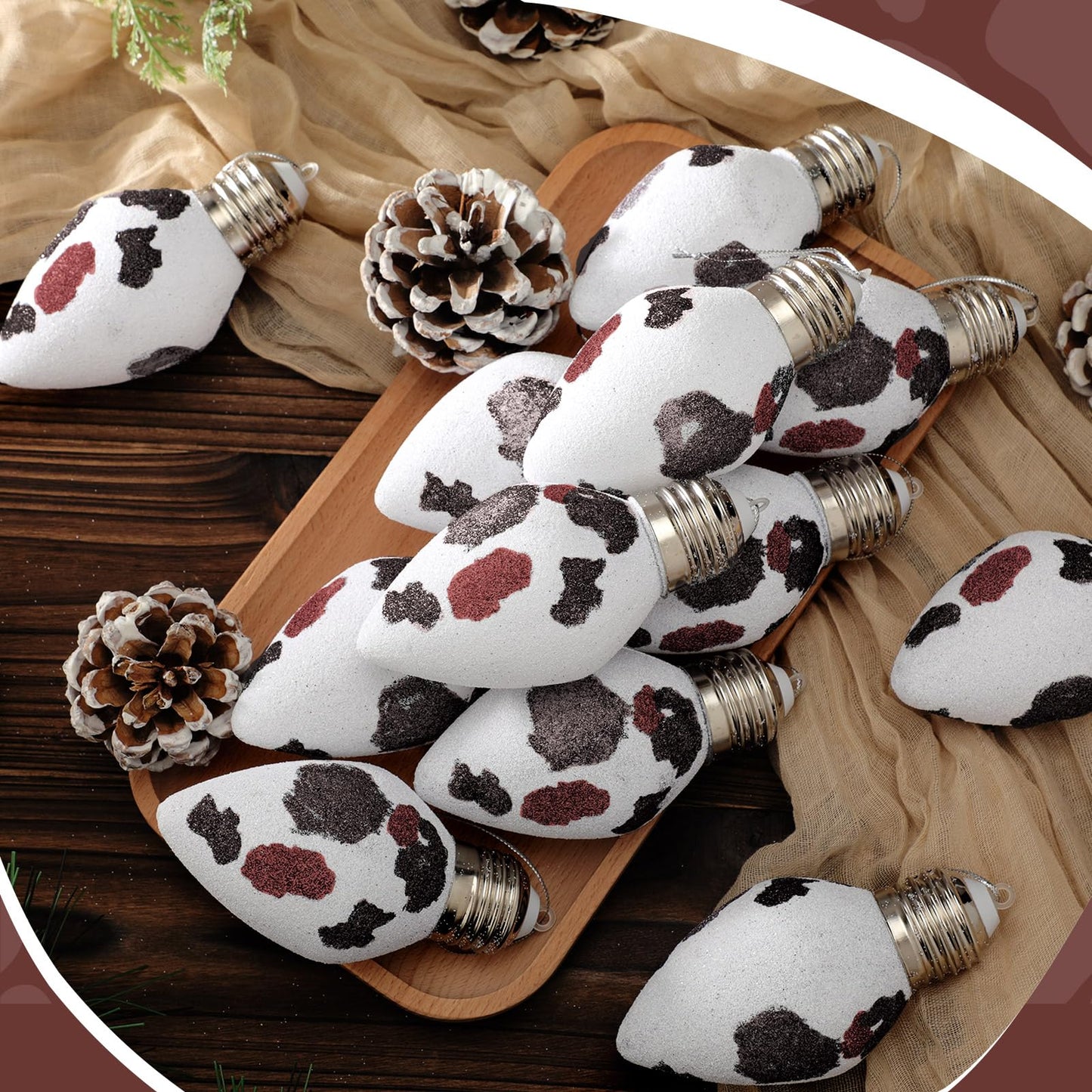 Simgoing 24 Pcs Cow Print Christmas Ornaments 3.15'' Rustic Western Decor