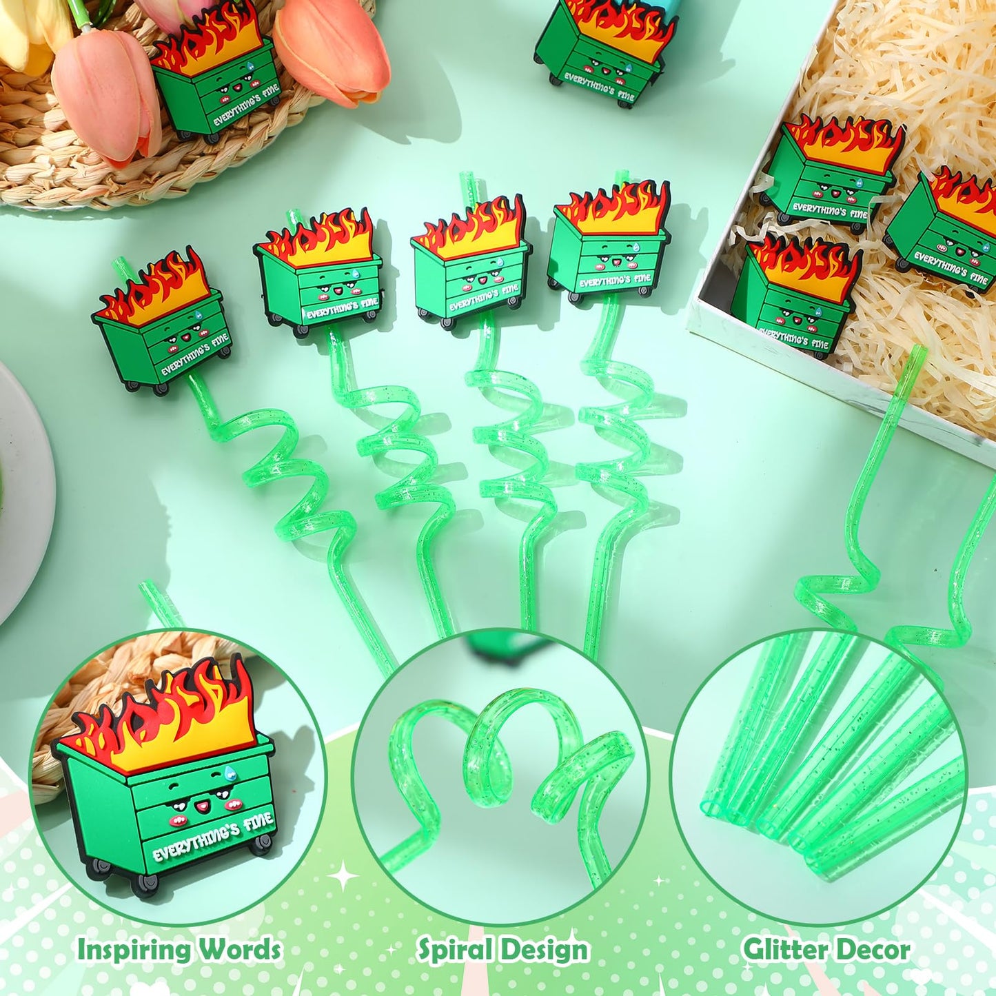 Potchen 12 Pcs Green Glitter Spiral Reusable Plastic Drinking Straws
