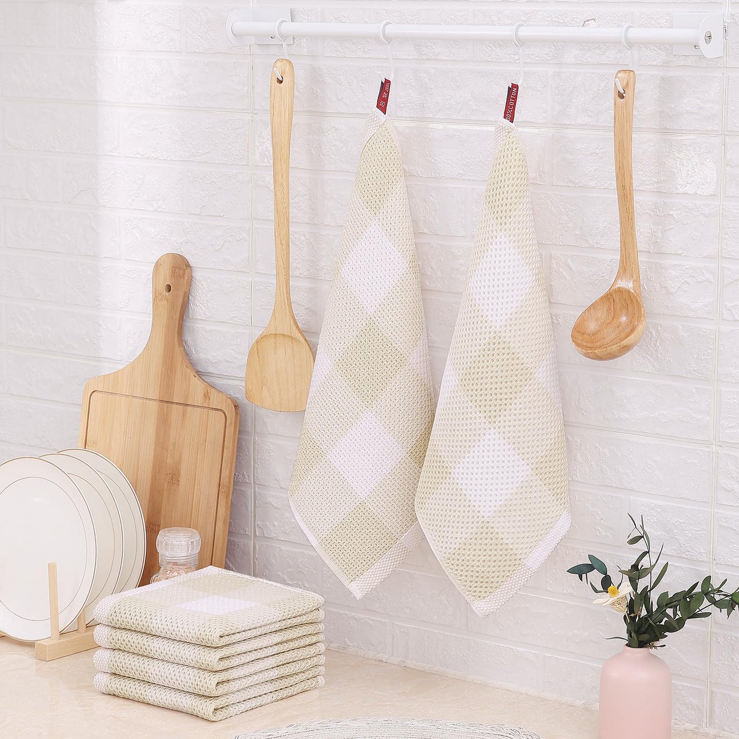 Homaxy Cotton Waffle Weave Check Plaid Dish Cloths 12x12 White Beige 6-Pack
