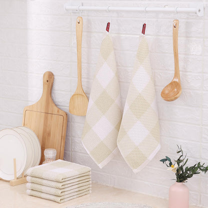 Homaxy Cotton Waffle Weave Check Plaid Dish Cloths 12x12 White Beige 6-Pack